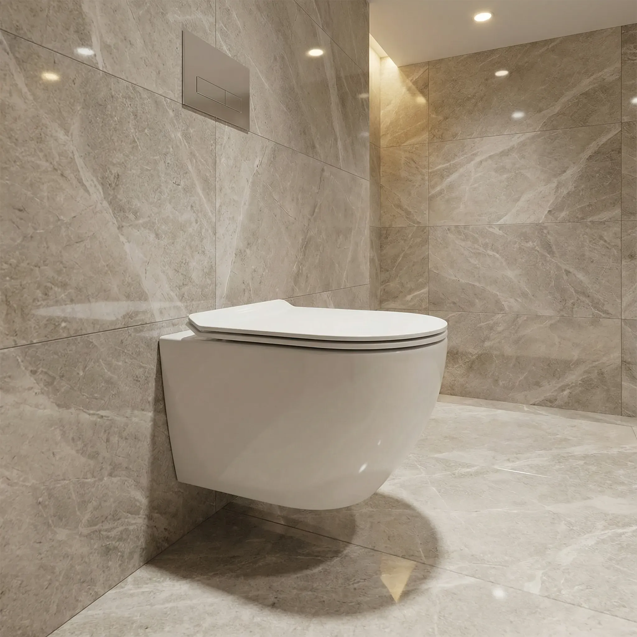 Modern white wall-mounted toilet in a luxurious bathroom with light gray marble tiles.