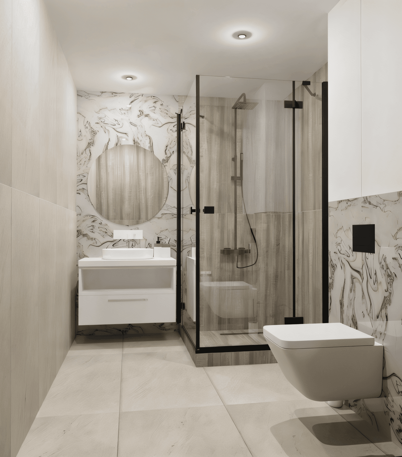 Modern bathroom with a floating vanity, marble accents, and a glass-enclosed shower.