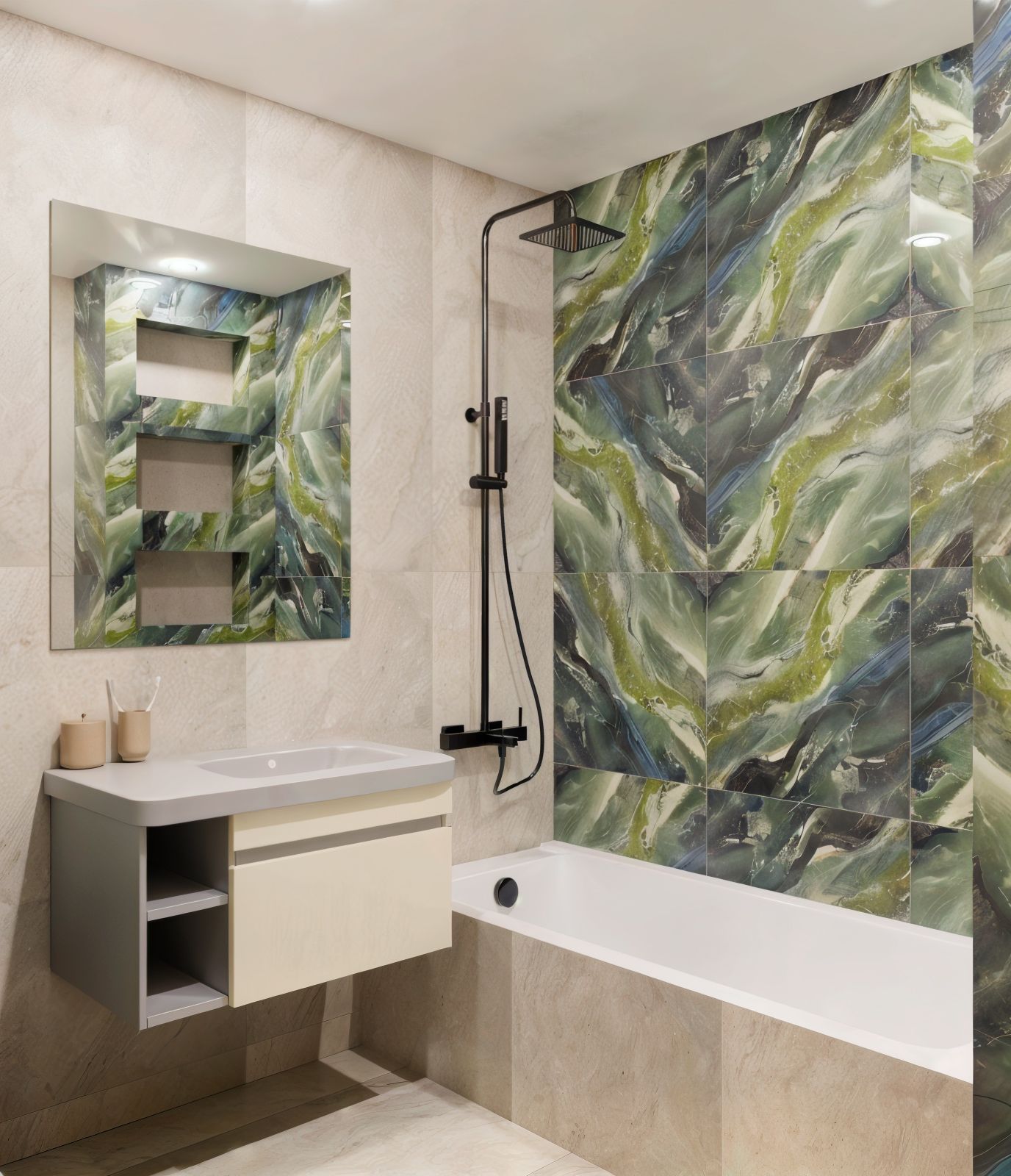 Modern bathroom with a floating vanity, black faucet, and green leaf-patterned tiles.