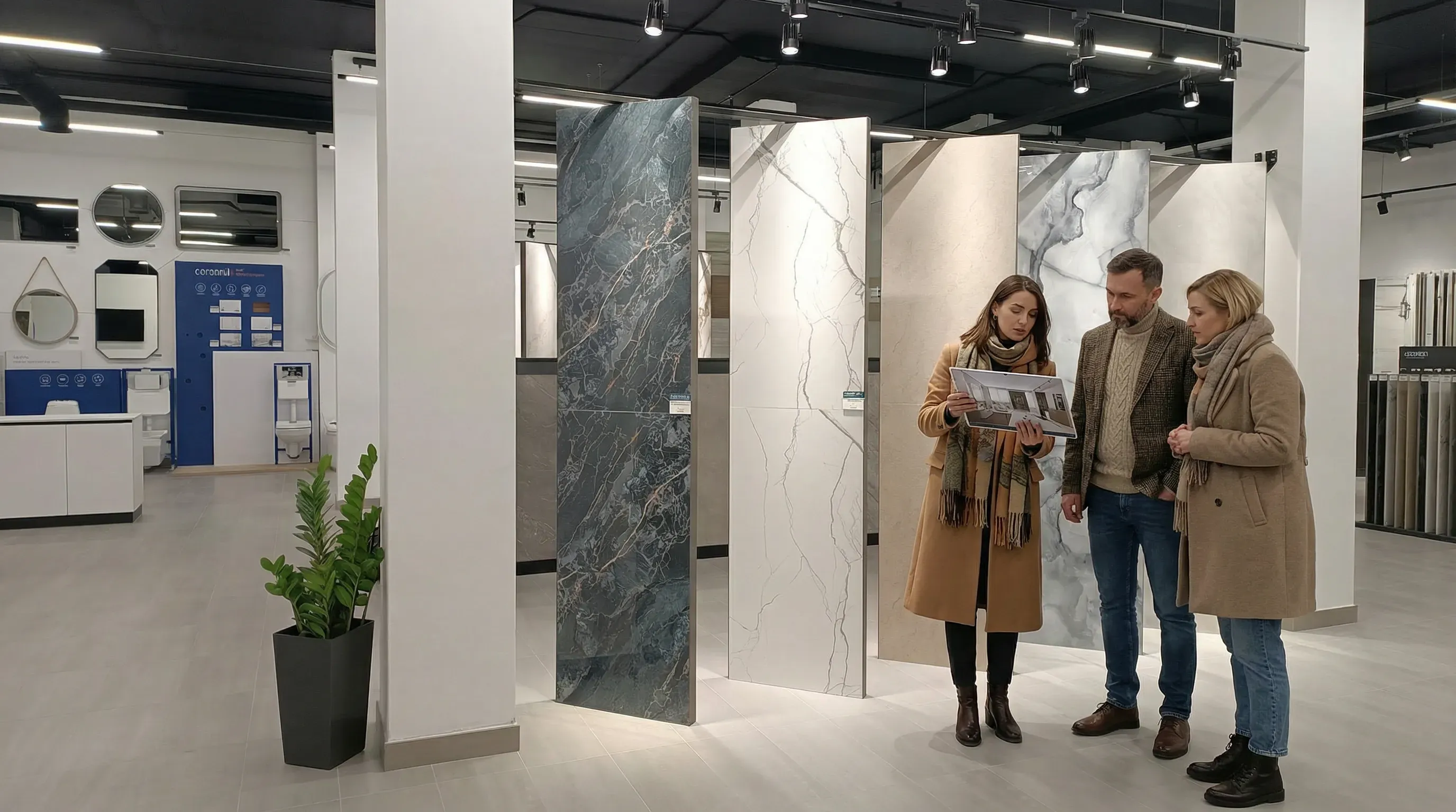 Three people discuss tile options from a brochure in a modern showroom.