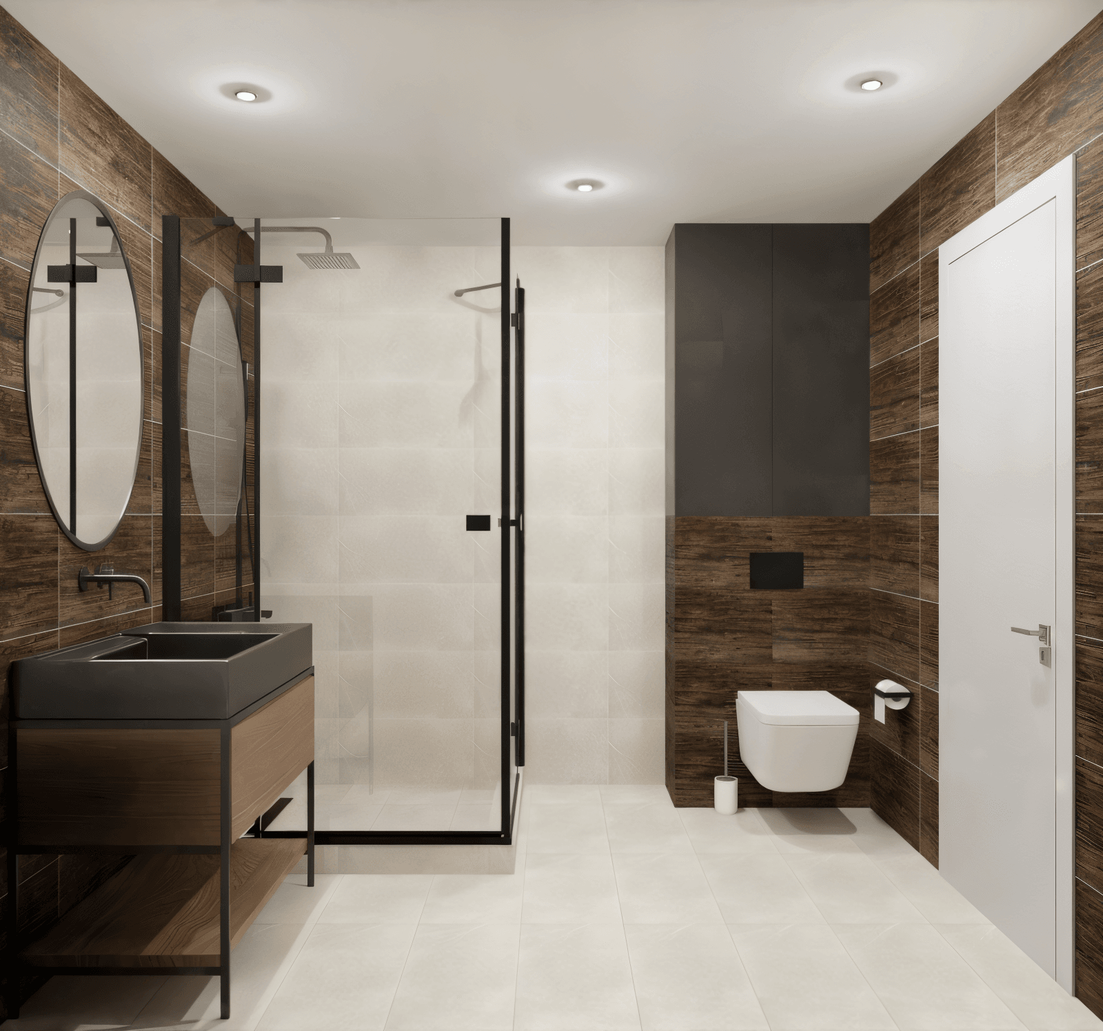 Modern bathroom with a floating vanity, walk-in shower, and wall-mounted toilet.